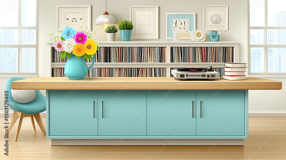 Fototapeta premium Vibrant Floral Arrangement: A captivating interior scene, highlighting a colorful bouquet of flowers resting upon a stylish table, accompanied by decor and accessories.