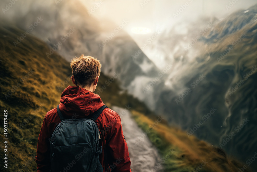 Naklejka premium a young tourist climbs a mountain path, hiking, camping