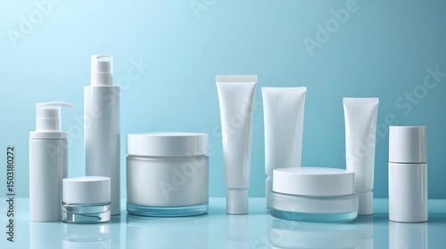 A collection of white skincare products on a blue background.