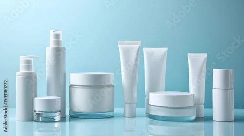Fototapeta A collection of white skincare products on a blue background.