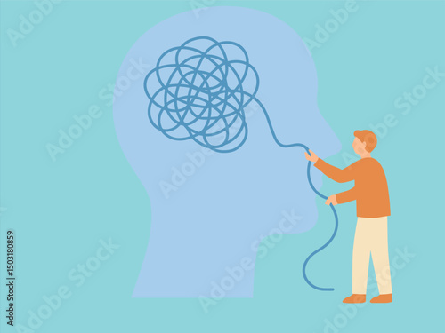 A person unraveling a tangled line inside a large blue human head silhouette, symbolizing mental clarity or problem-solving, minimalistic flat design, soft blue and orange colors, 