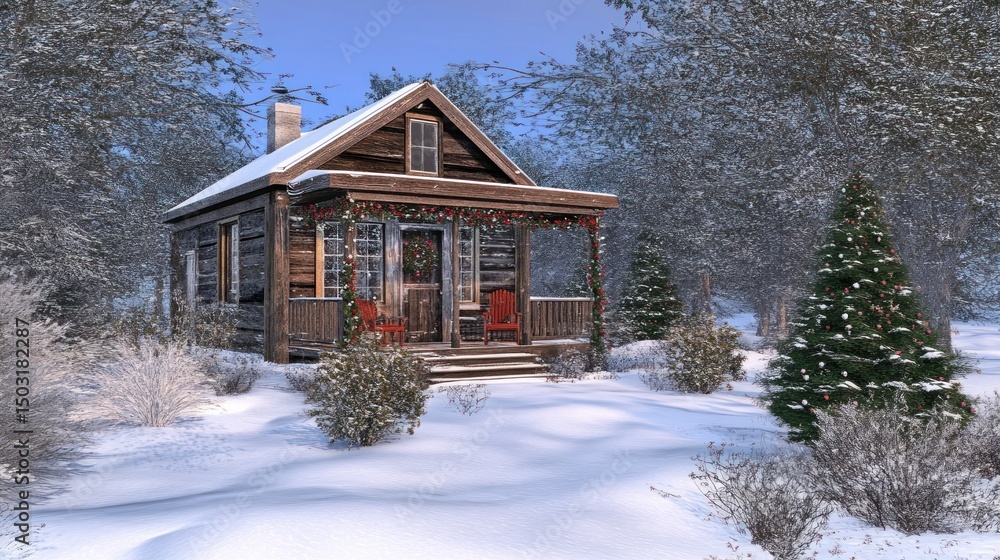 Snowy Christmas log cabin in winter forest. Possible use for holiday cards, prints, or winter-themed decor Snowy Christmas log cabin in winter forest. Possible use for holiday cards, prints, or winter-themed decor