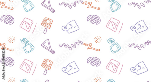 Fun colorful line doodle seamless pattern. Creative minimalist style art background for children or trendy design with basic shapes. Simple childish scribble backdrop. white background