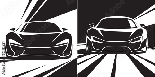 A digital illustration shows two sports cars, one with a white background and one with black, facing the viewer. 