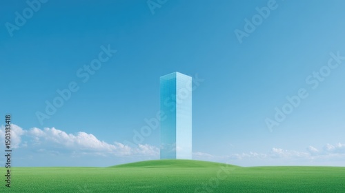 lone skyscraper designed as transparent glass monolith rises from green landscape artfully blending urban sophistication