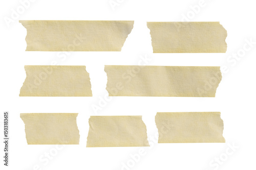 Ripped strips of masking tape forming a textured, adhesive design element, perfect for creative projects and blank space. Isolated