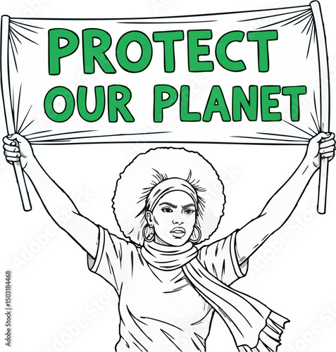 Determined Woman Holding Protect Our Planet Banner Vector