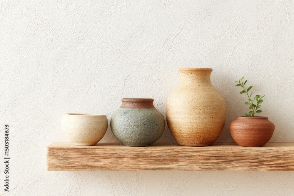 minimalistic aesthetic shot of traditional korean pottery arranged on simple wooden shelf minimalistic aesthetic shot of traditional korean pottery arranged on simple wooden shelf