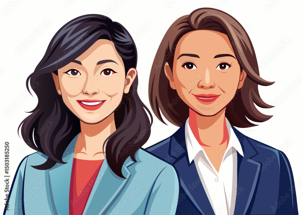Obraz premium two Business and career woman, young asian woman vector, professional entrepreneur standing in office clothes illustration, white isolated
