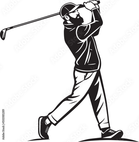 Stylized vector of a male golfer mid-swing in black and white, perfect for logos, T-shirts, and golf-themed designs. it ideal for T-shirt printing, sports merchandise, or golf-related material