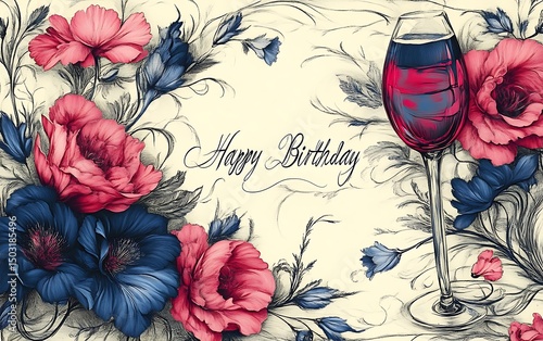 A Beautiful Floral Birthday Image Featuring Wine and Flowers