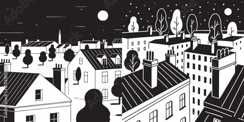 Black and white cityscape illustration showing rooftops and trees under a starry sky.