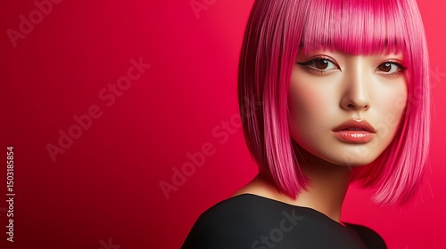 Close-up of a Japanese woman with hot pink hair and straight bangs, wearing a matte black top, dramatically lit against a vivid red background, high contrast modern fashion portrait,