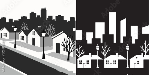 Black and white cityscapes illustration showing rooftops and trees under a starry sky.