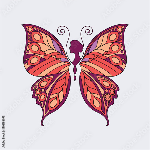 Decorative Butterfly with Woman Silhouette and Ornamental Wings in Warm Colors.