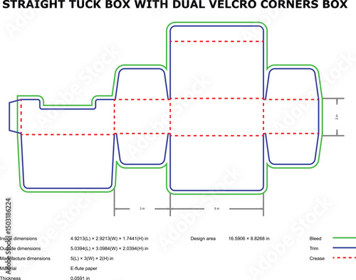 Straight tuck box dual velcro corners diecut template