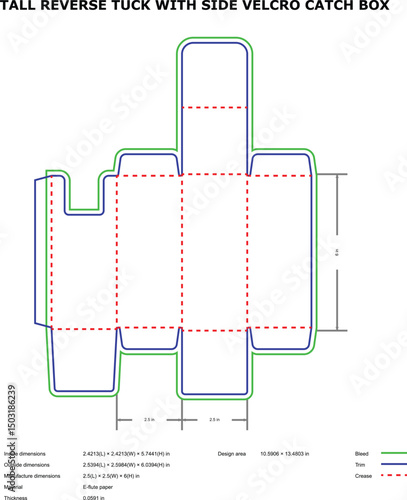 Tall reverse tuck box diecut template side velcro catch