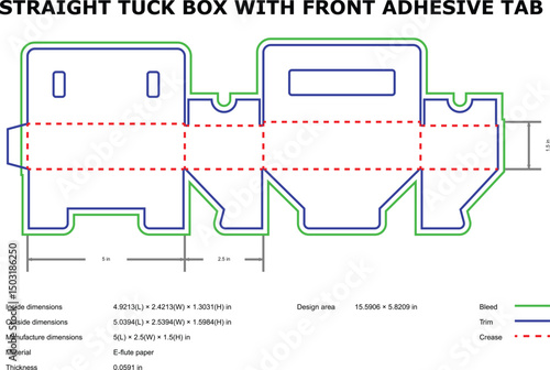 Straight tuck box die cut template front adhesive tab
