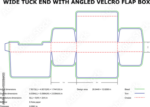Wide tuck end angled velcro flap box diecut template