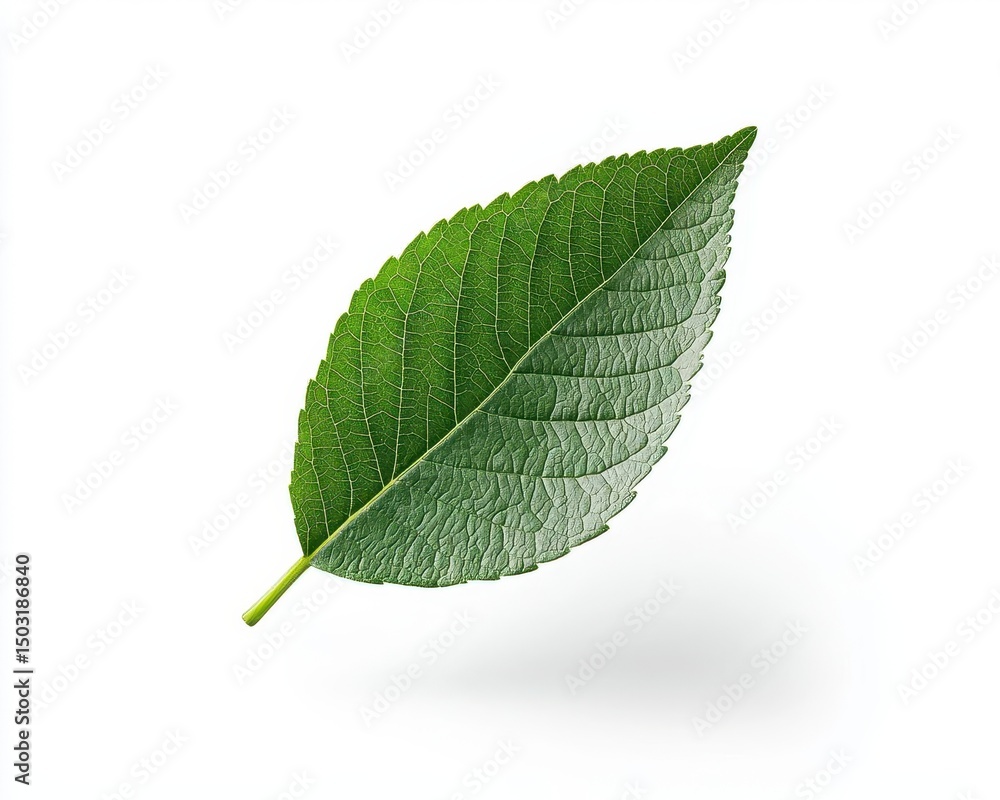 Fototapeta premium Single green leaf floating over white background, simplicity in eco branding