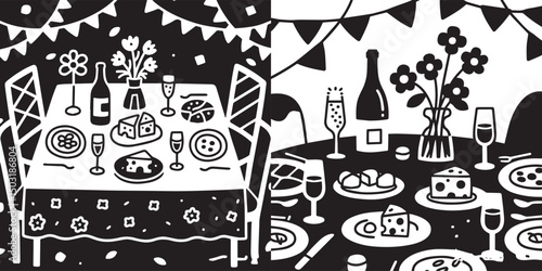 Two tables set for a party, adorned with flowers, drinks, and snacks.