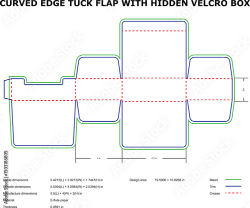 Curved edge tuck flap box hidden velcro diecut template