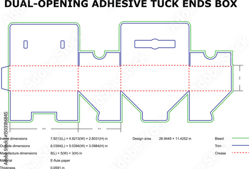Dual opening adhesive tuck ends box diecut template