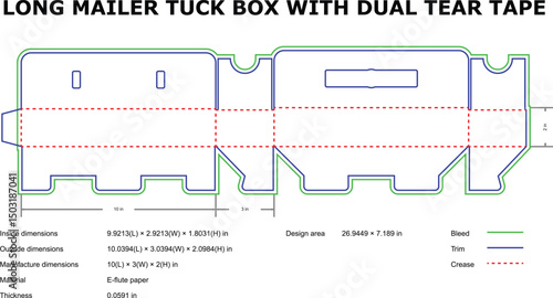 Long mailer tuck box diecut template dual tear tape