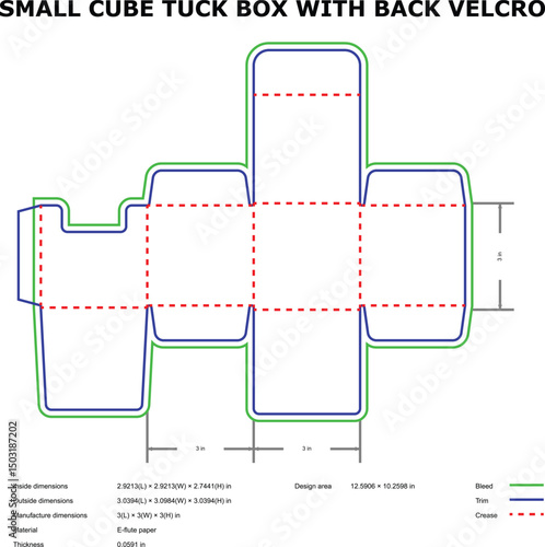 Small cube tuck box diecut template back velcro