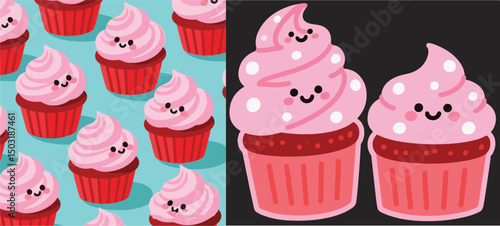 Cute digital cupcakes vector  with pink frosting, smiling faces, and polka dots in a seamless pattern and individual illustrations. A sweet and charming dessert graphic.