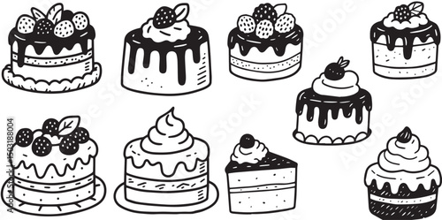 Several hand-drawn doodle vector illustrations of various cakes and desserts, featuring frosting, berries, and drizzles, outlined in black on a white background.