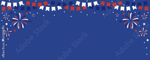 Festive patriotic background in red, white, and blue featuring bunting banners, fireworks, and stars on a dark blue backdrop. Perfect for celebrations like Independence Day, Memorial Day