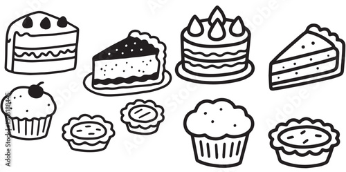 Several hand-drawn doodle vector illustrations of various desserts including cake slices, a whole cake, cupcakes, and tarts, outlined in black on a white background.