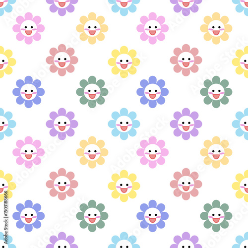 Colorful smiling flowers pattern, white background