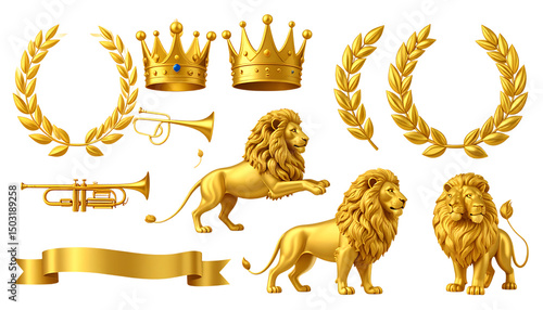 Gold crown of the king. Laurel wreath, trumpet, lion, ribbon. 3d icon set png 