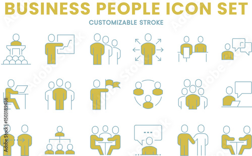 Business people icon set, person, group, team, leader, meeting, organization, member, presentation, people, conference, customizable stroke, vector, illustration