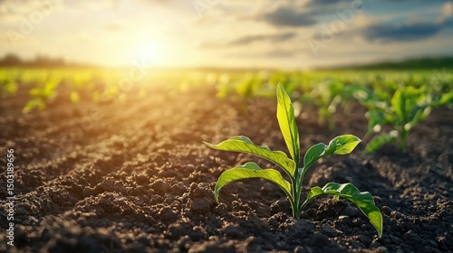 A young plant growing in a field with a sunset in the background.
