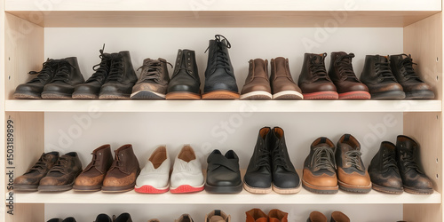 Wallpaper Mural Different footwear on shelves indoors. Shoe storage Torontodigital.ca