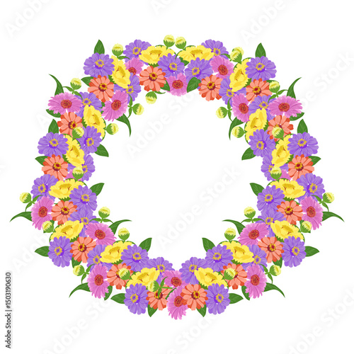Colorful floral wreath, white isolate background