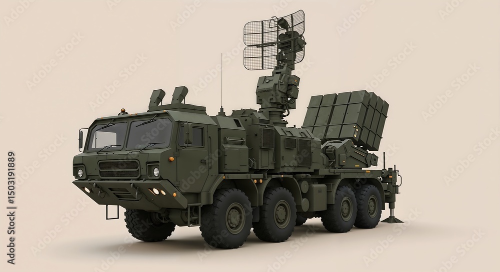 Obraz premium Miniatur Military Vehicle High-Resolution 3D Render of a Modern Air Defense System