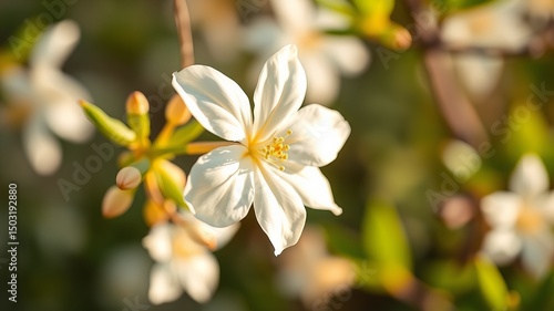 A delicate white flower blossoms in the warm sunlight showcasing its intricate petals and vibrant yellow center.
