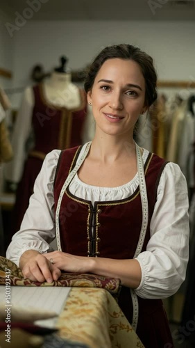 A Young Adult Female Seamstress in Traditional Attire, Working with Fabrics in a Cozy Sewing Studio, Surrounded by Various Textiles and Costumes