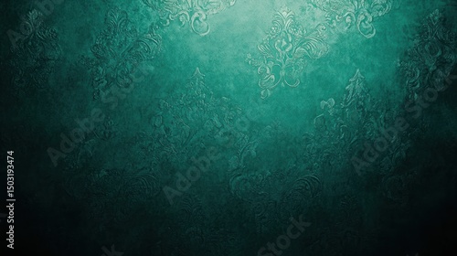 Teal textured background with intricate damask patterns.