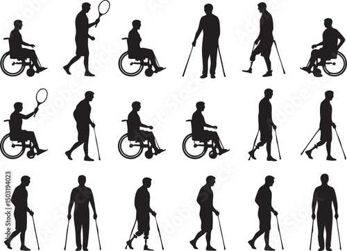 Silhouettes of Men with Disabilities Wheelchair Users and Crutch Users