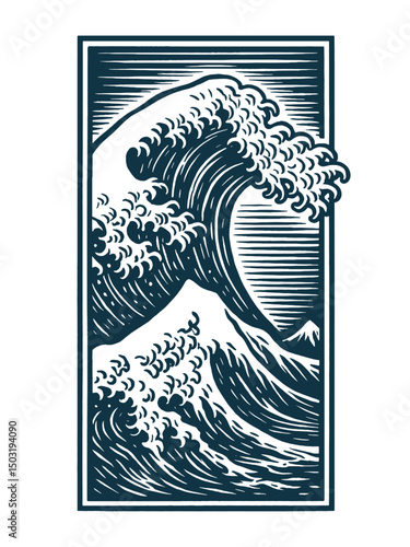 Ocean wave and Mount Fuji engraving style vector illustration

