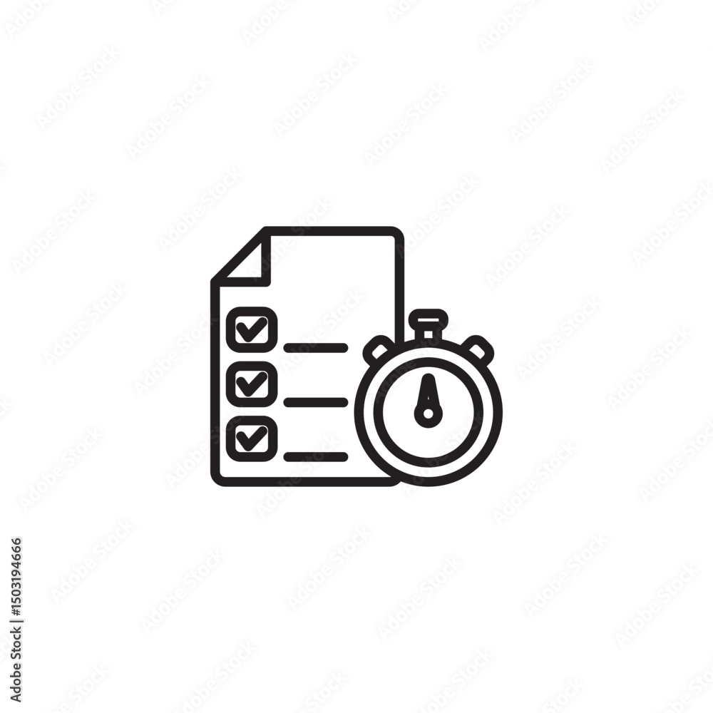 A black outline icon of a clipboard with three checkmarks and a stopwatch at the bottom right, suggesting time management or a timed task list. A black outline icon of a clipboard with three checkmarks and a stopwatch at the bottom right, suggesting time management or a timed task list.