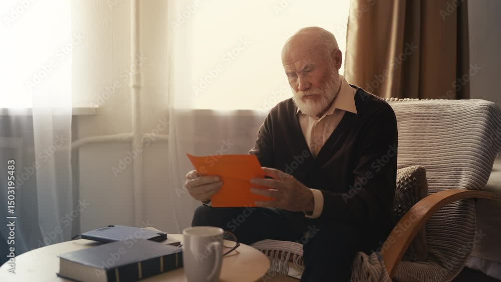 Aged senior man putting on glasses, reading eviction notice, facing unpaid debts