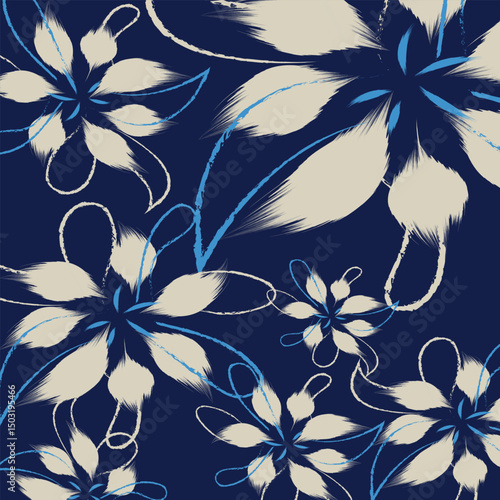 The flowers geometric textile for fashion with hand drawing pattern vector and tropical bicolor flowers and leaves vector, illustration