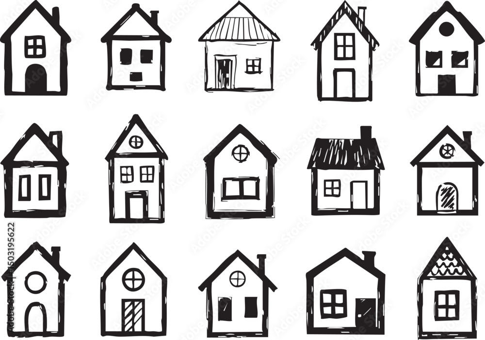 Fototapeta premium Collection of Hand Drawn Houses Black and White Doodle Style Isolated on White