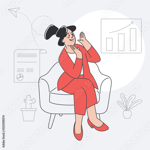 Happy businesswoman sitting in armchair with growth chart, flat design business success illustration
